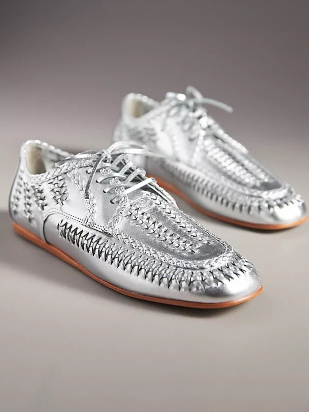 SHUTZ Metallic Silver Woven Leather Lace-Up Flats